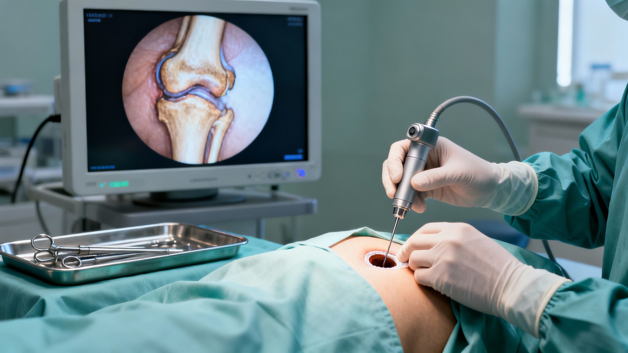 Cirujano realizando artroscopia con instrumentos quirúrgicos, monitor mostrando articulación de rodilla.