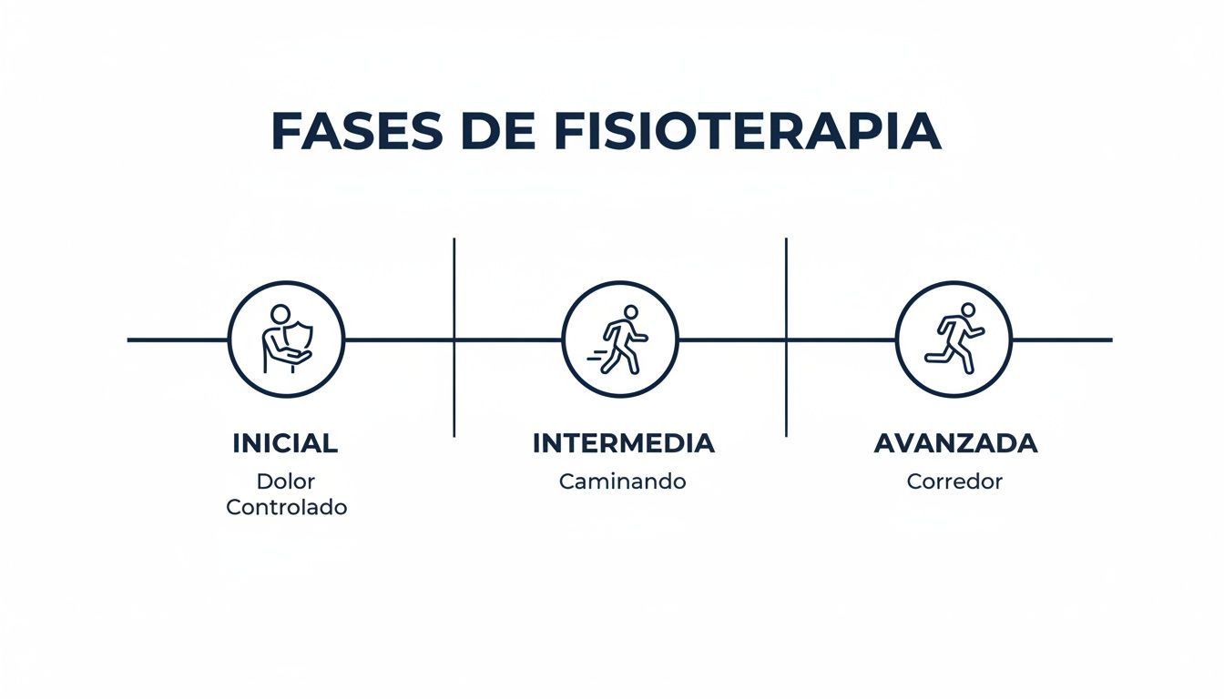 Diagrama ilustrando las tres fases de fisioterapia: inicial (dolor controlado), intermedia (caminando) y avanzada (corredor).