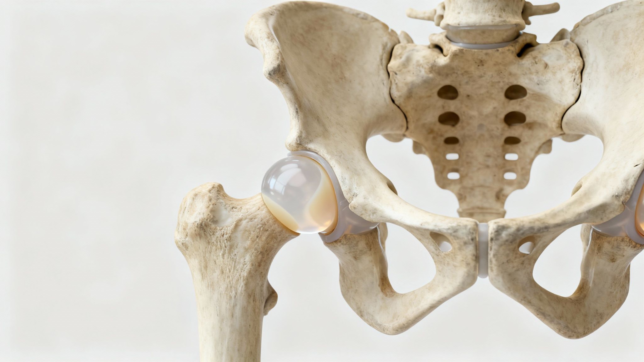 Modelo anatómico detallado de la articulación de la cadera humana y la pelvis, mostrando un cartílago sano.