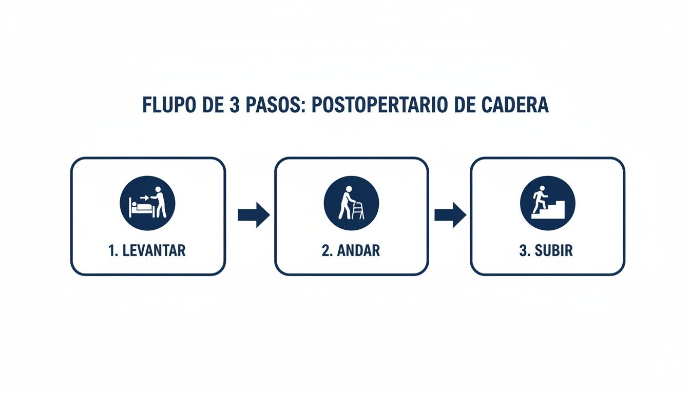 Flujo de 3 pasos para la rehabilitación postoperatoria de cadera: levantar, andar y subir escaleras.
