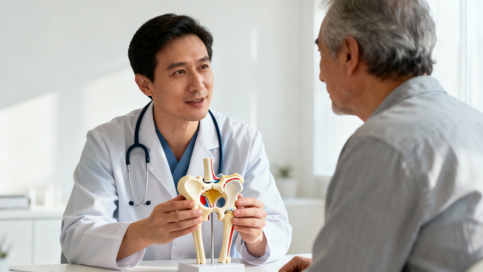 Médico explica modelo anatómico de cadera a paciente mayor durante una consulta médica.