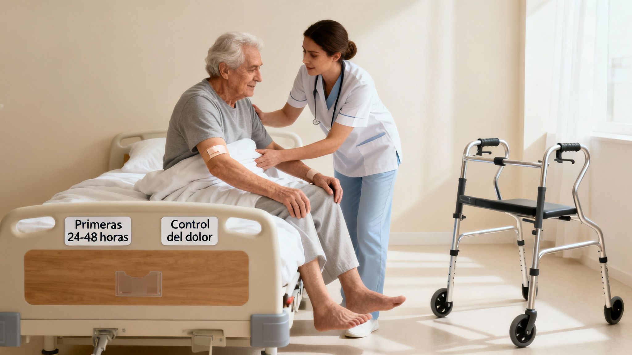 Enfermera asiste a anciano en cama hospitalaria; andador cercano, textos '24-48 horas' y 'Control del dolor' visibles.