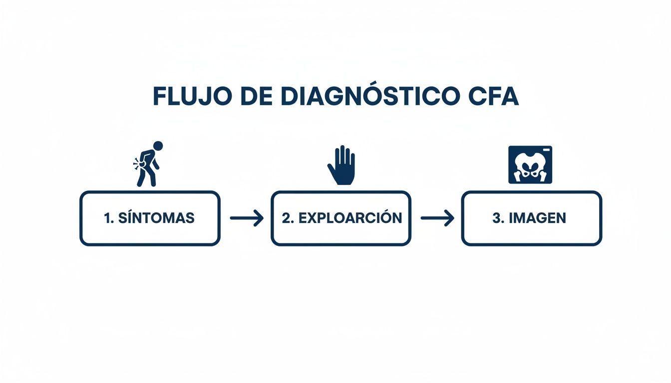 Flujograma de diagnóstico de CFA que muestra los pasos: 1. Síntomas, 2. Exploración y 3. Imagen.