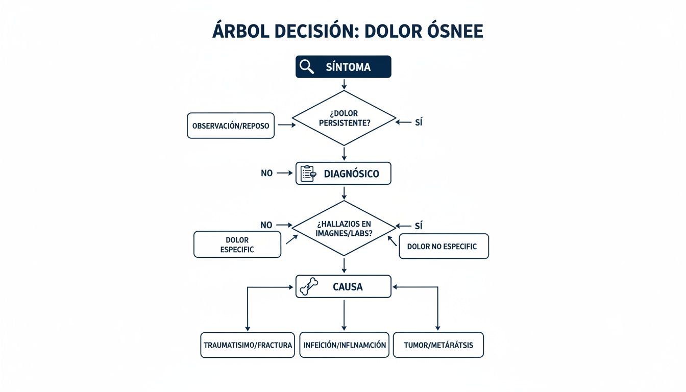 Diagrama de flujo para el diagnóstico y manejo del dolor óseo inespecífico, evaluando síntomas, hallazgos y causas.
