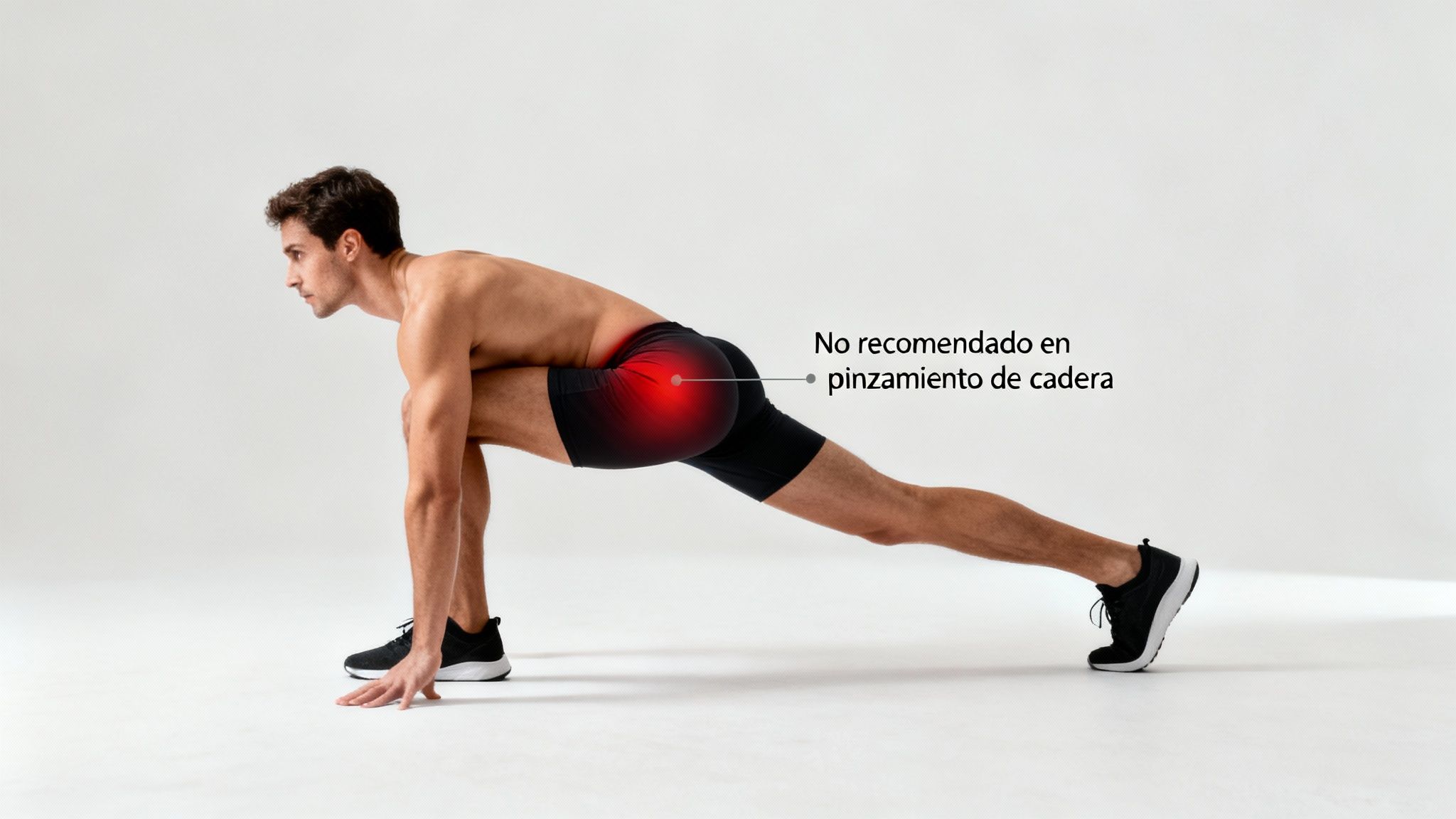 Hombre haciendo una zancada profunda, con un punto rojo que indica dolor de cadera. No recomendado para pinzamiento.