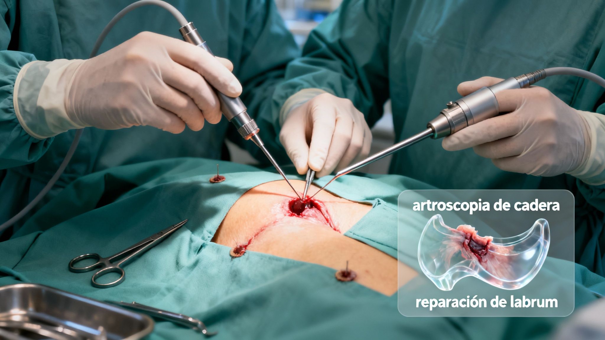 Cirujanos realizan artroscopia de cadera para reparar el labrum, mostrando herramientas quirúrgicas y una ilustración del daño.