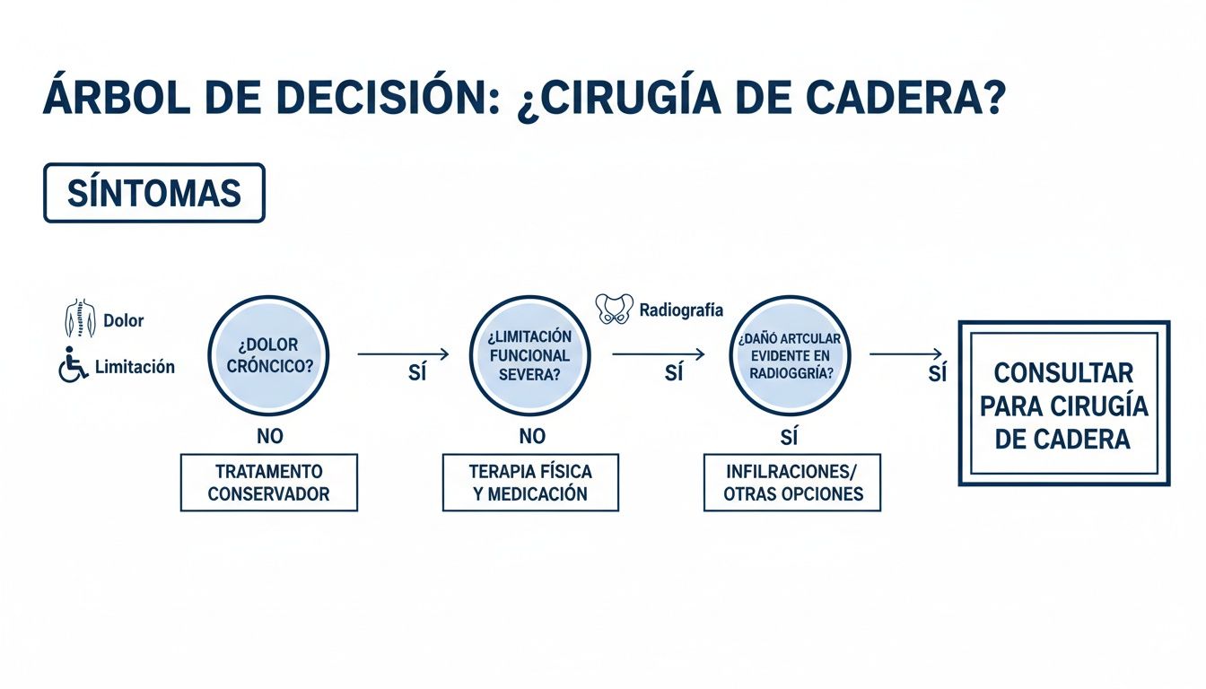 Árbol de decisión para cirugía de cadera, evaluando síntomas como dolor crónico, limitación funcional y daño articular.