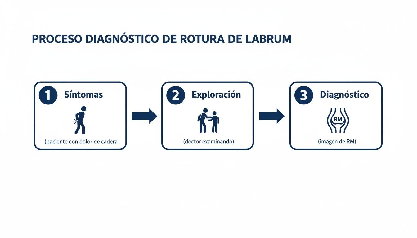 Diagrama del proceso diagnóstico para la rotura de labrum: síntomas, exploración médica y diagnóstico por resonancia magnética.