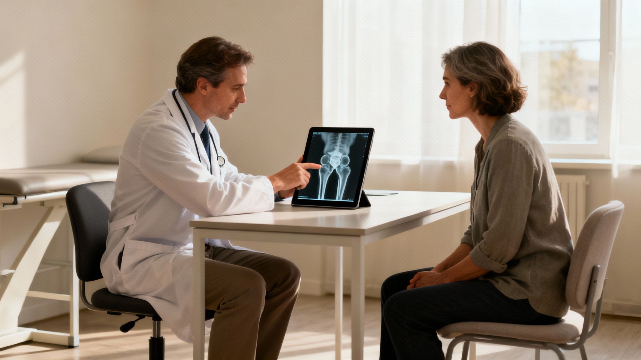 Un médico explica una radiografía de cadera a una paciente atenta, mostrando la imagen en una tableta.