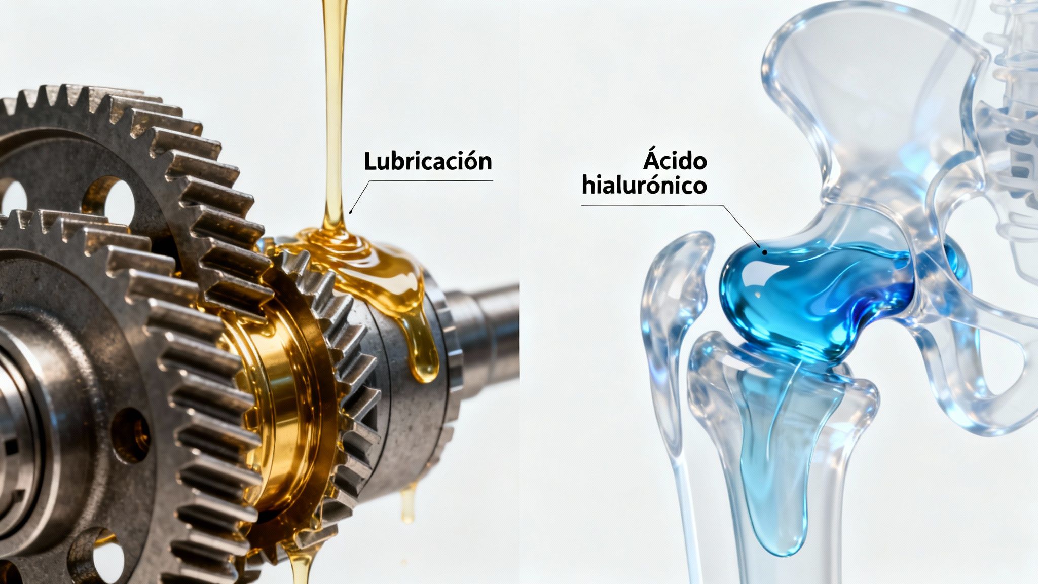 Comparación de lubricación mecánica con engranajes y articulaciones humanas con ácido hialurónico.