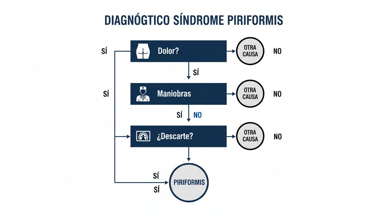 Diagrama de flujo diagnóstico para el síndrome piriformis, evaluando dolor, maniobras y descarte para identificar la causa.
