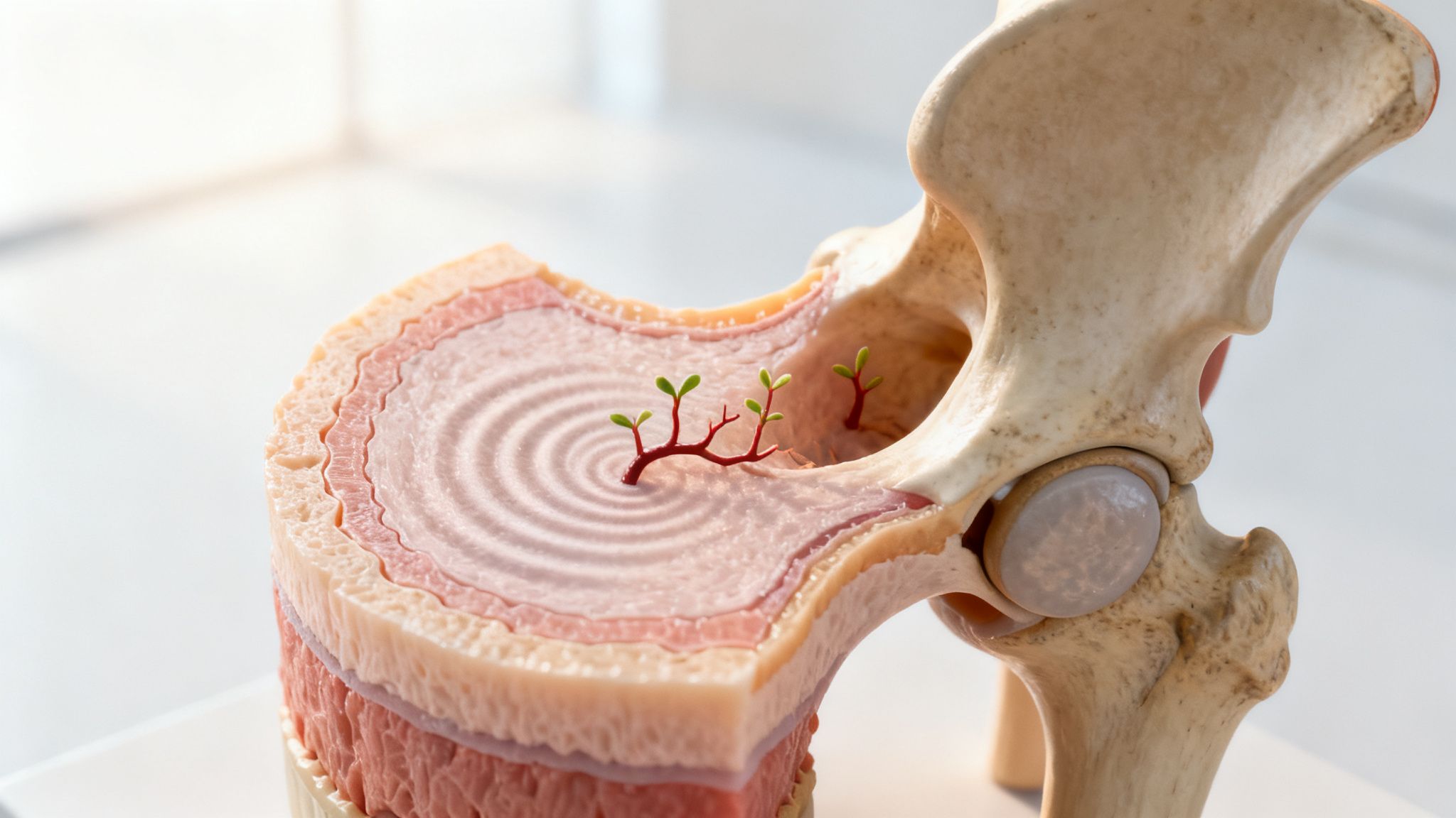 Modelo anatómico con plantas que simbolizan la regeneración de tejidos y huesos del cuerpo humano.