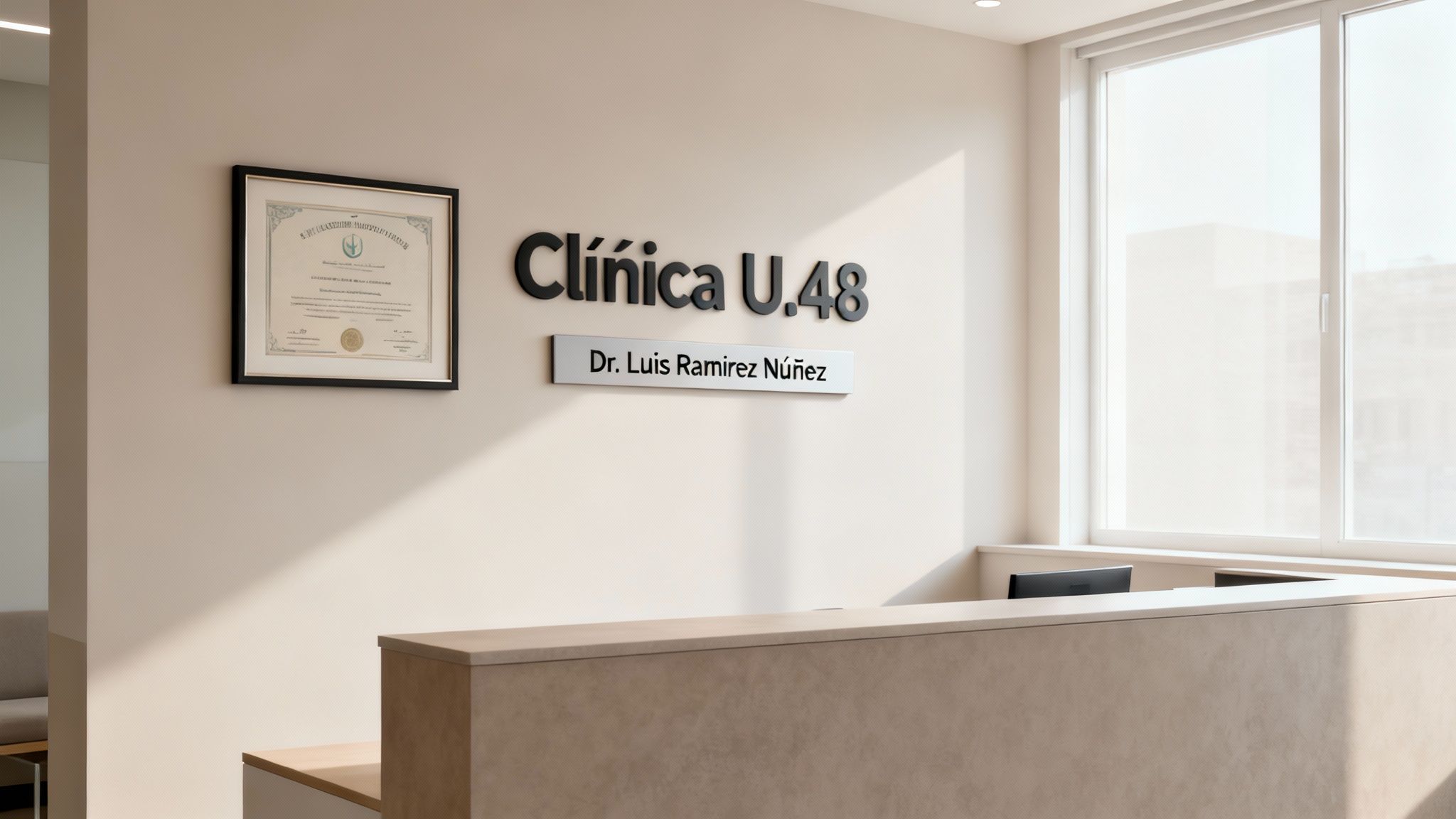 Recepción moderna de Clínica U.48 con nombre de doctor y certificado en la pared, iluminada por luz natural.