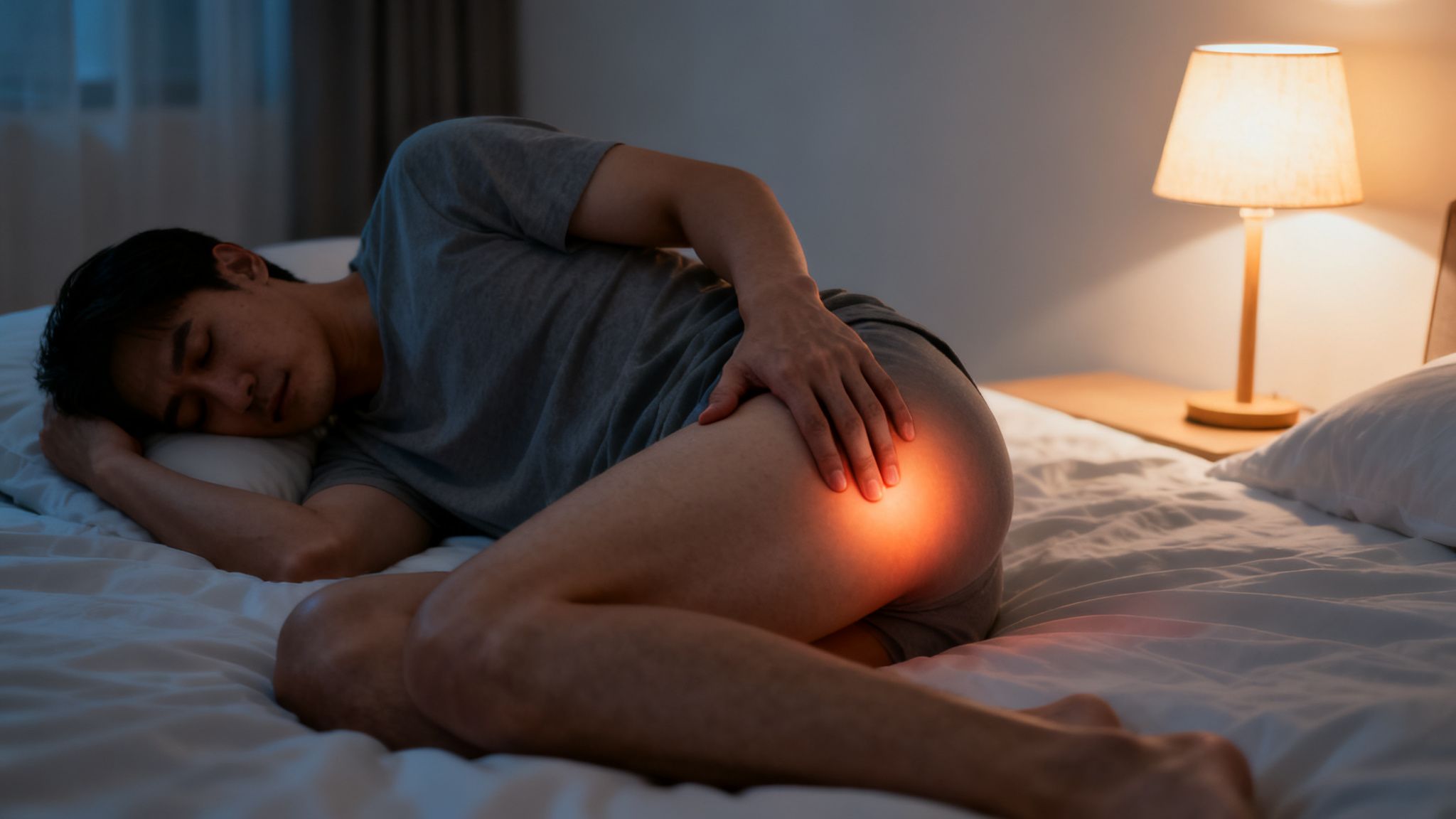 Hombre acostado en la cama con dolor de cadera, la zona afectada iluminada en rojo.