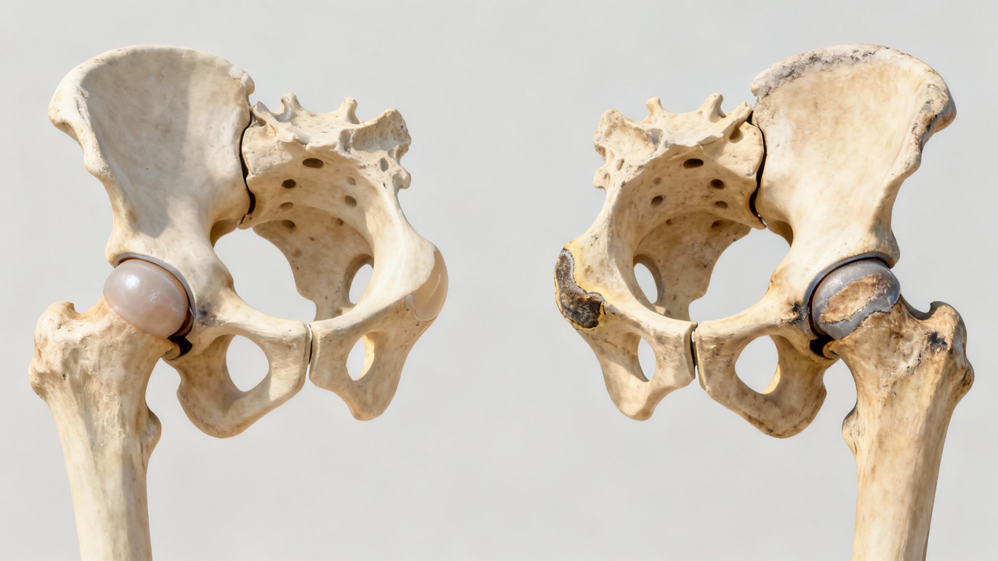 Dos modelos de esqueletos de cadera, mostrando una articulación de cadera sana y otra con osteoartritis severa.