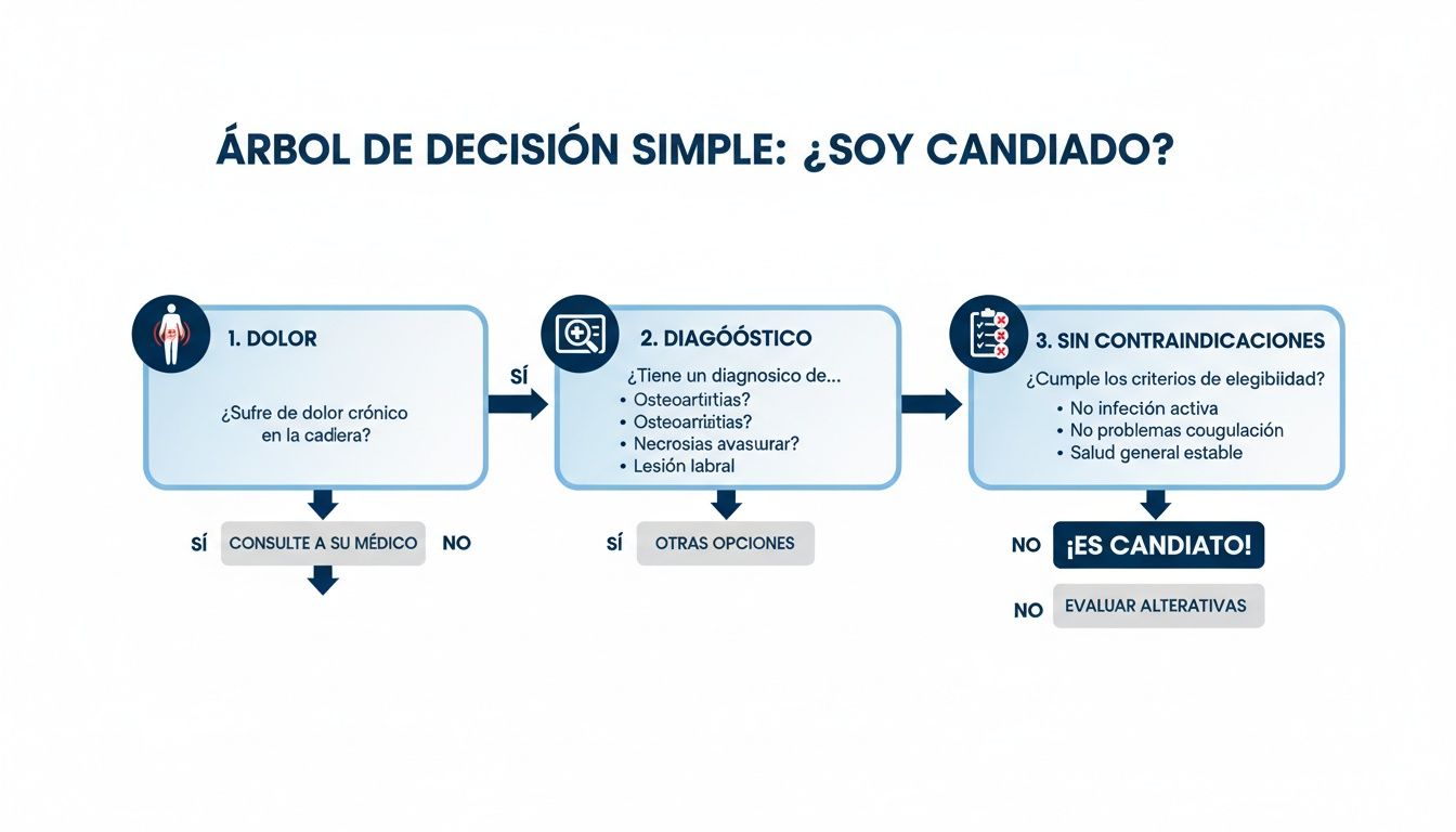 Diagrama de flujo simple para determinar si eres candidato para un tratamiento, basado en dolor, diagnóstico y contraindicaciones.