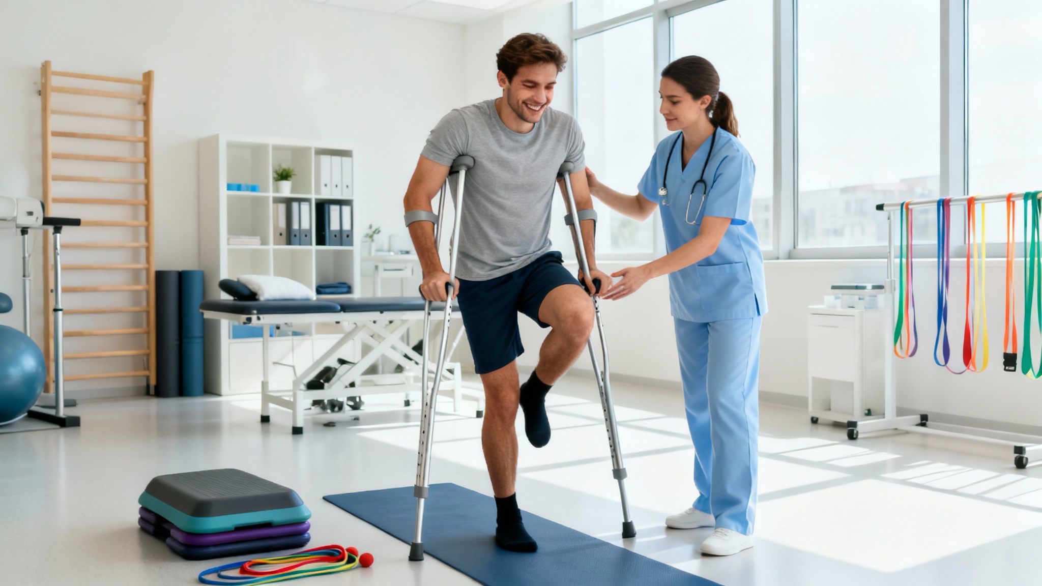 Un hombre sonriente con muletas recibe asistencia de una fisioterapeuta en una clínica de rehabilitación.
