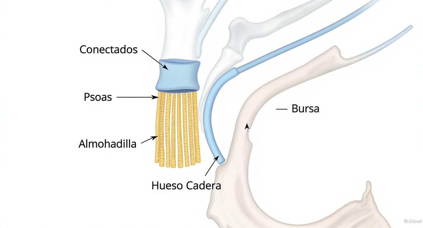 Diagrama anatómico de la cadera mostrando el músculo psoas, la bursa y el hueso de la cadera.