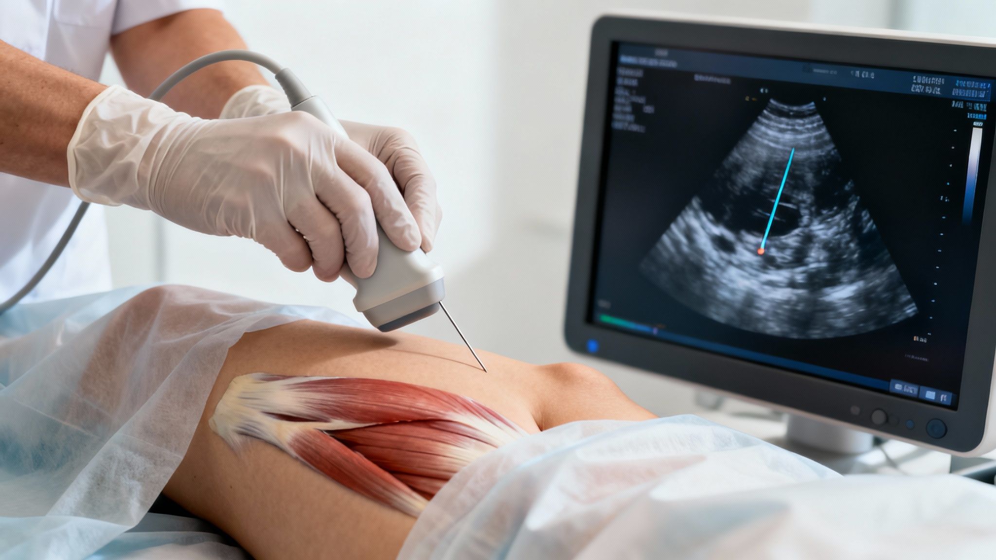 Médico realiza una inyección guiada por ultrasonido en la pierna de un paciente, con músculos visibles.