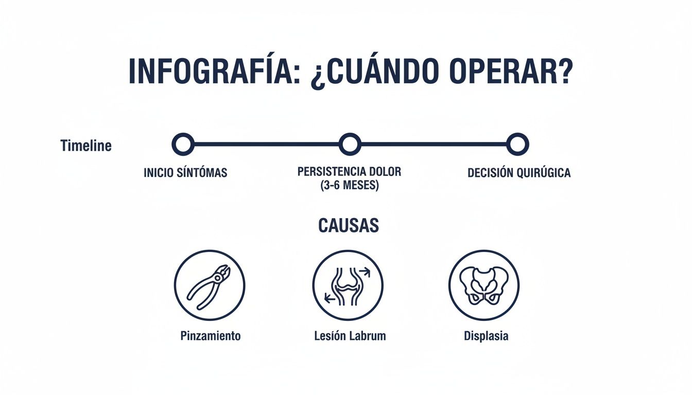 Infografía que ilustra la línea de tiempo para la decisión quirúrgica y las posibles causas como pinzamiento o displasia.