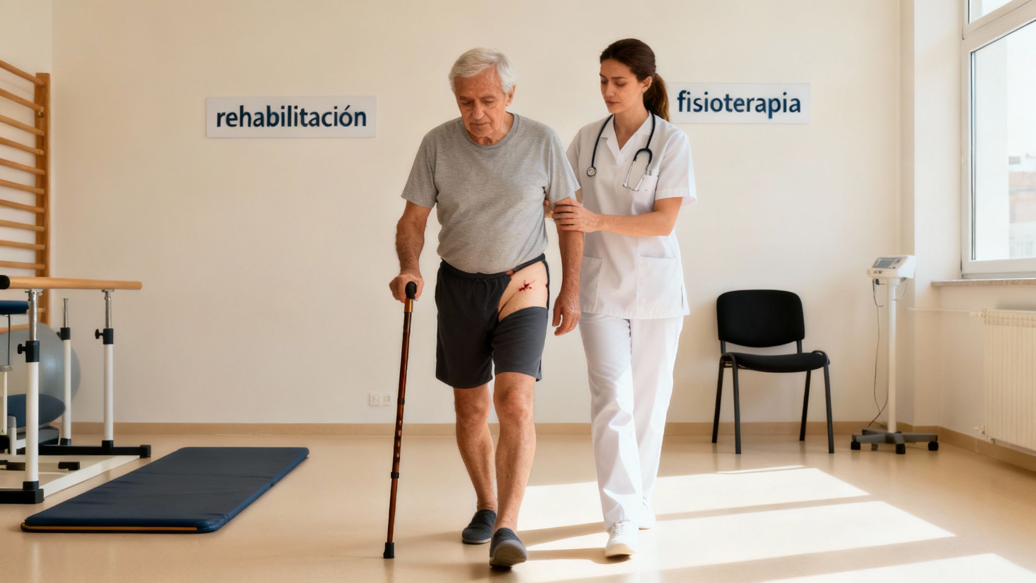 Fisioterapeuta asiste a un hombre mayor con artrosis de cadera caminando con bastón.