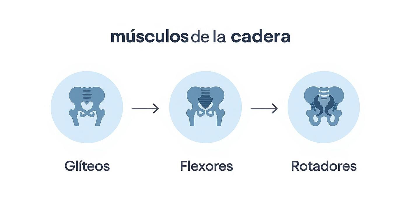 Diagrama anatómico mostrando músculos de la cadera: glúteos, flexores y rotadores con ilustraciones del hueso pélvico