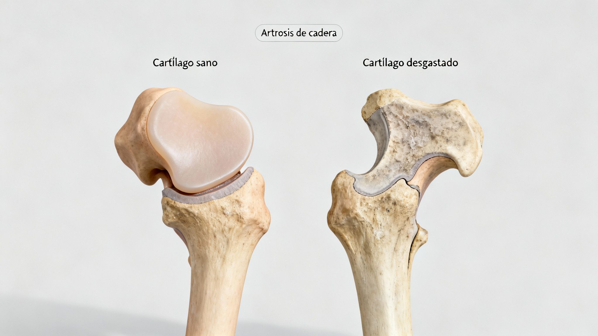 Comparación visual de una cadera sana con cartílago en buen estado y una cadera con artrosis y cartílago desgastado.