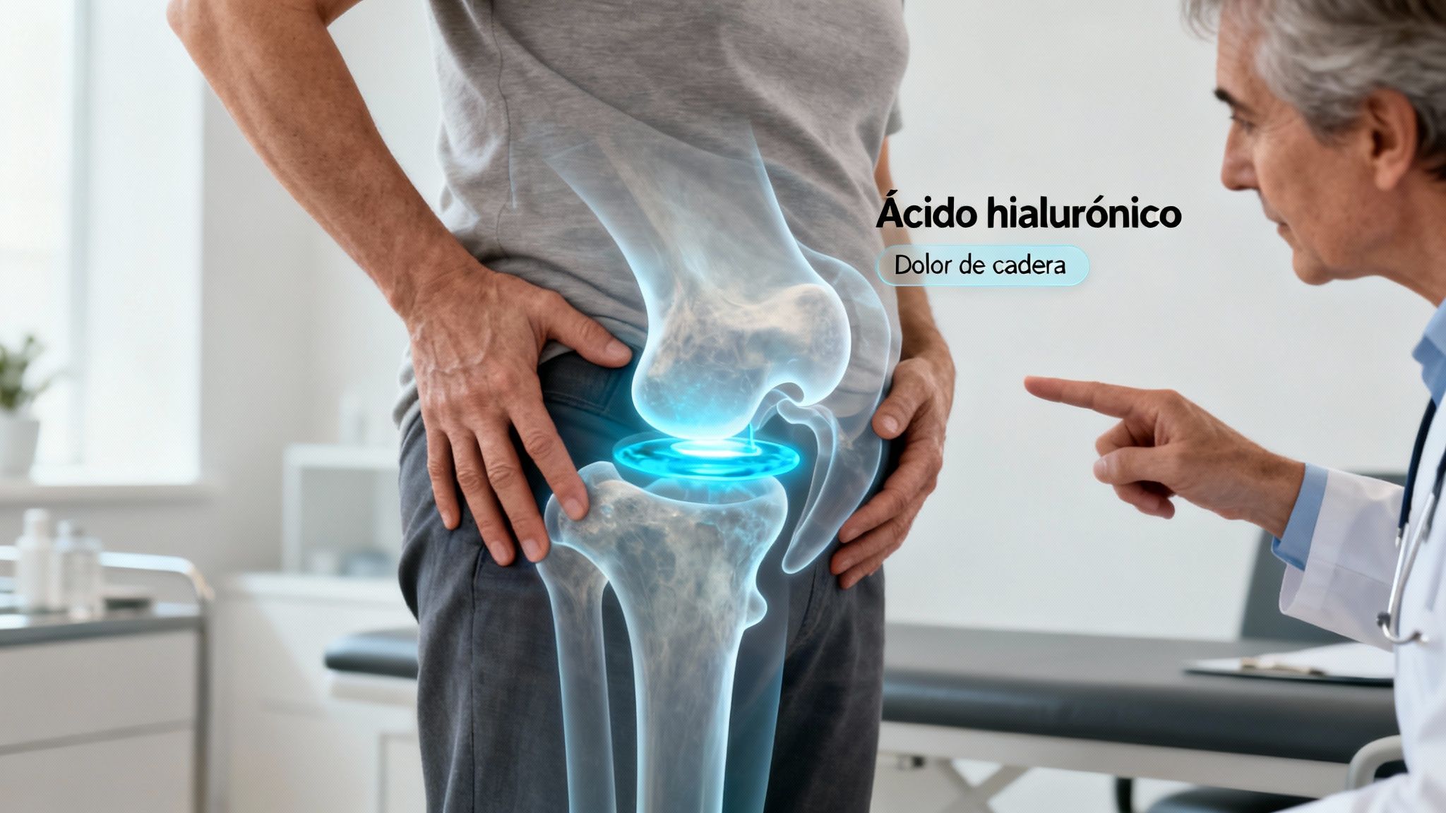 Médico explica tratamiento con inyecciones de ácido hialurónico para el dolor de rodilla a paciente.