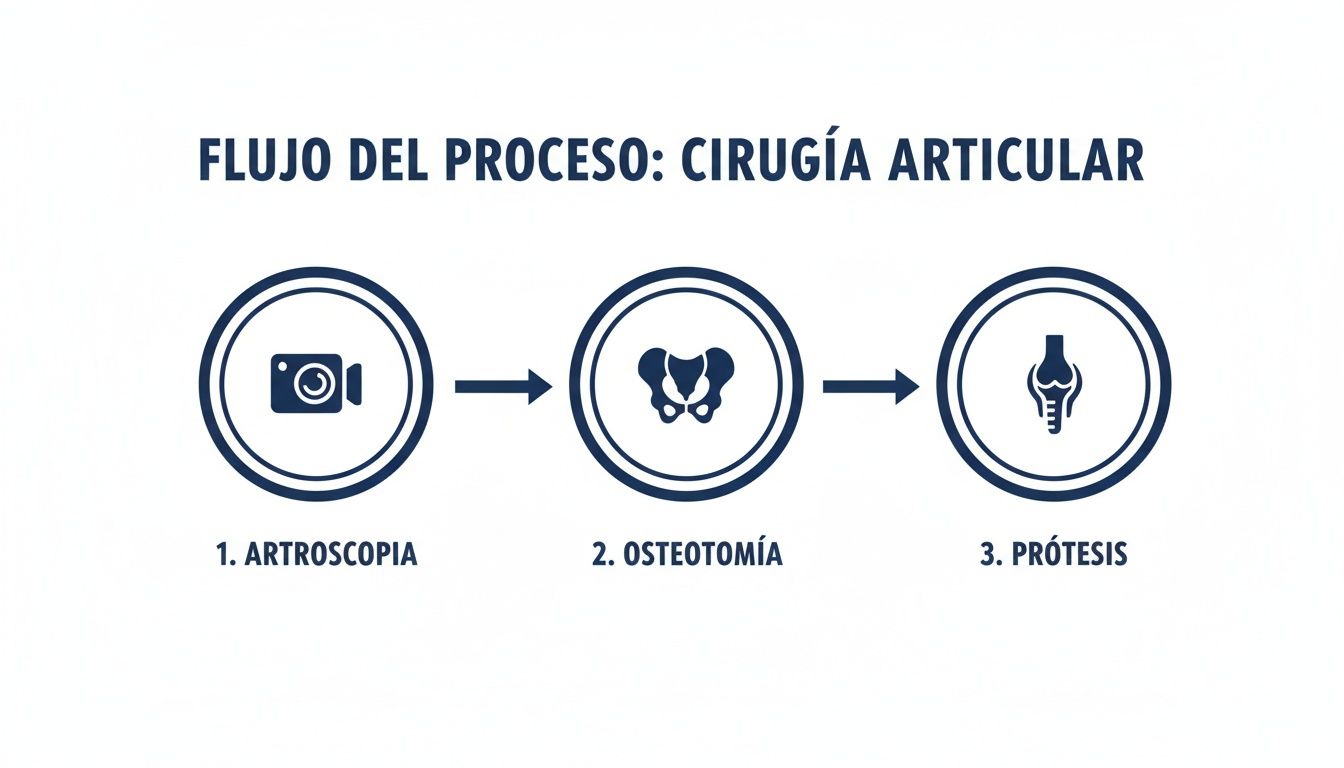 Diagrama de flujo del proceso de cirugía articular: Artroscopia, Osteotomía y Prótesis, con iconos ilustrativos.