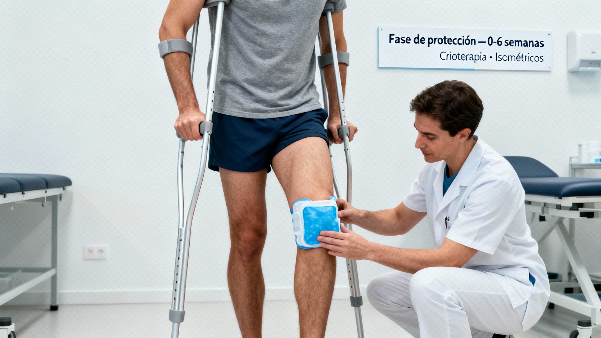 Hombre con muletas y rodilla lesionada, fisioterapeuta aplica una compresa fría como parte de su rehabilitación.