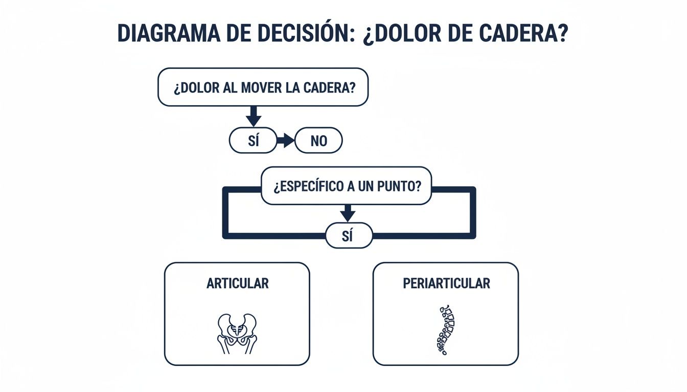 Diagrama de decisión para el diagnóstico del dolor de cadera, distinguiendo entre causas articulares y periarticulares.