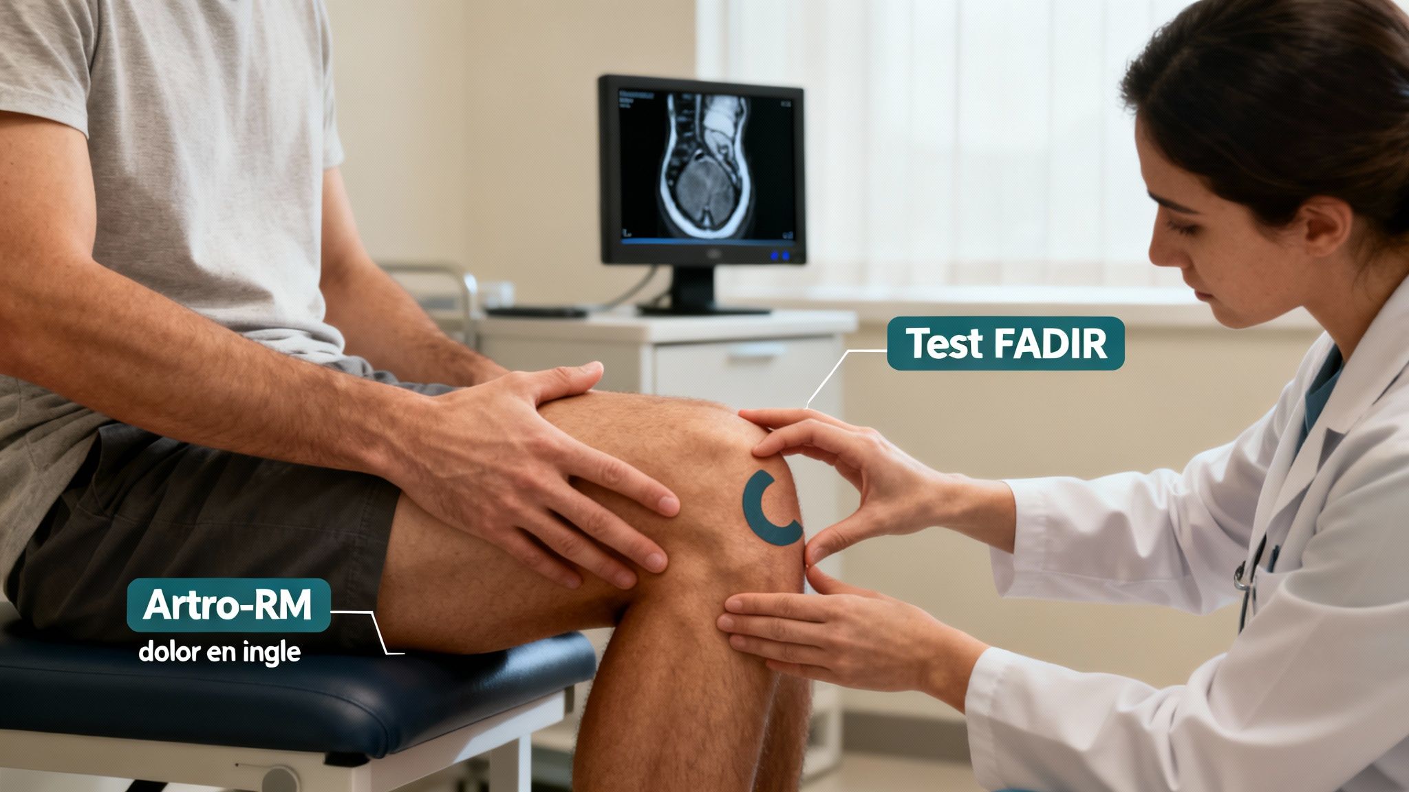 Médico examinando la rodilla de un paciente en consulta, con monitor de RM y etiquetas médicas.