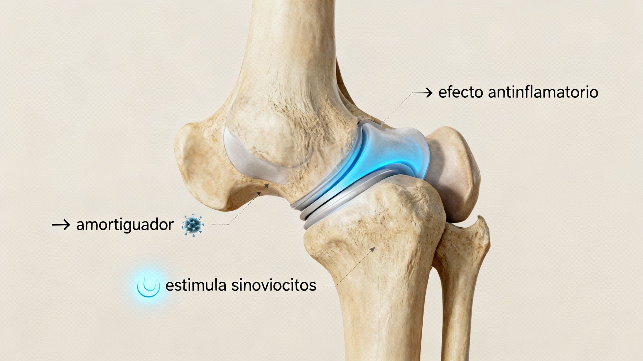 Imagen detallada de la articulación de la rodilla y los beneficios del ácido hialurónico.