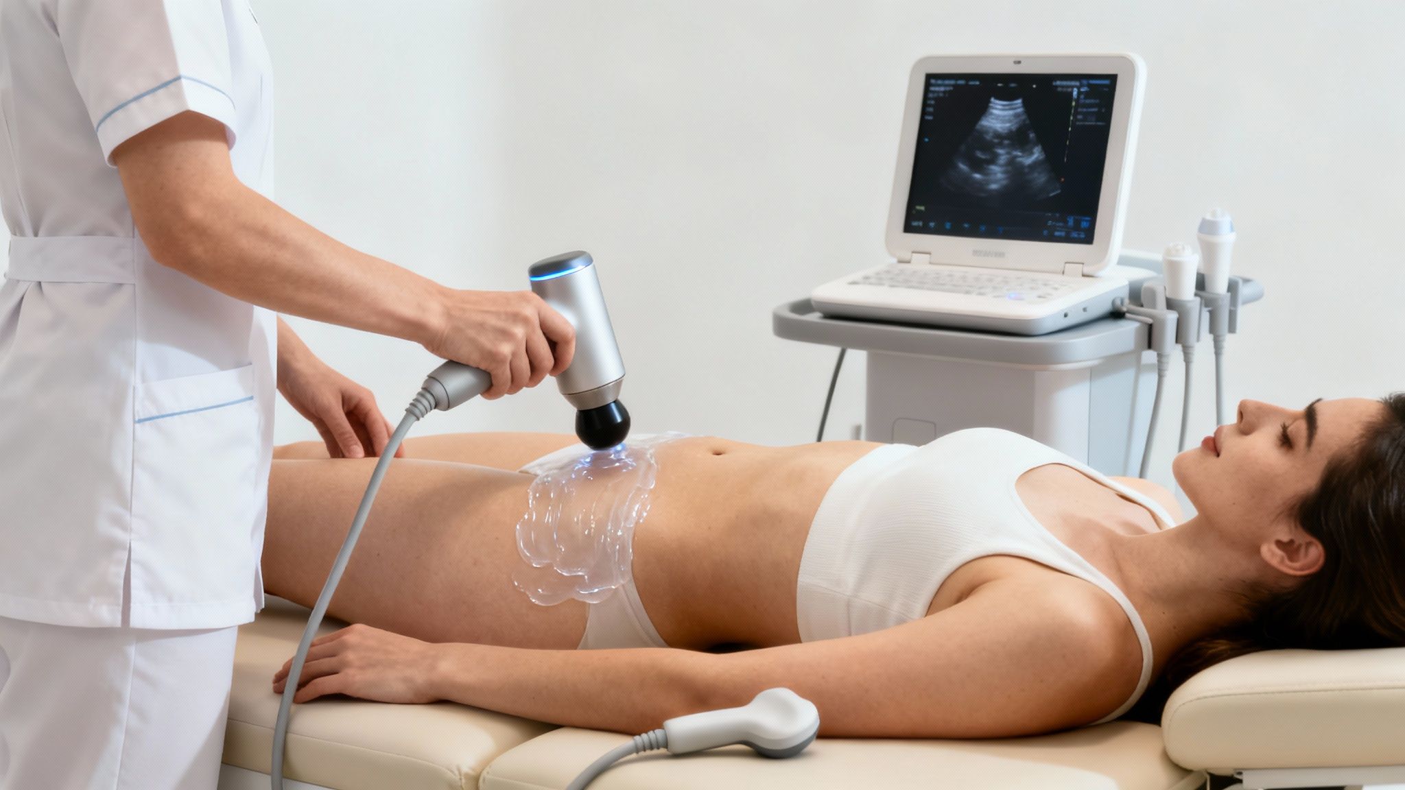 Profesional realizando tratamiento de ondas de choque en el abdomen de una mujer con gel y máquina de ultrasonido.