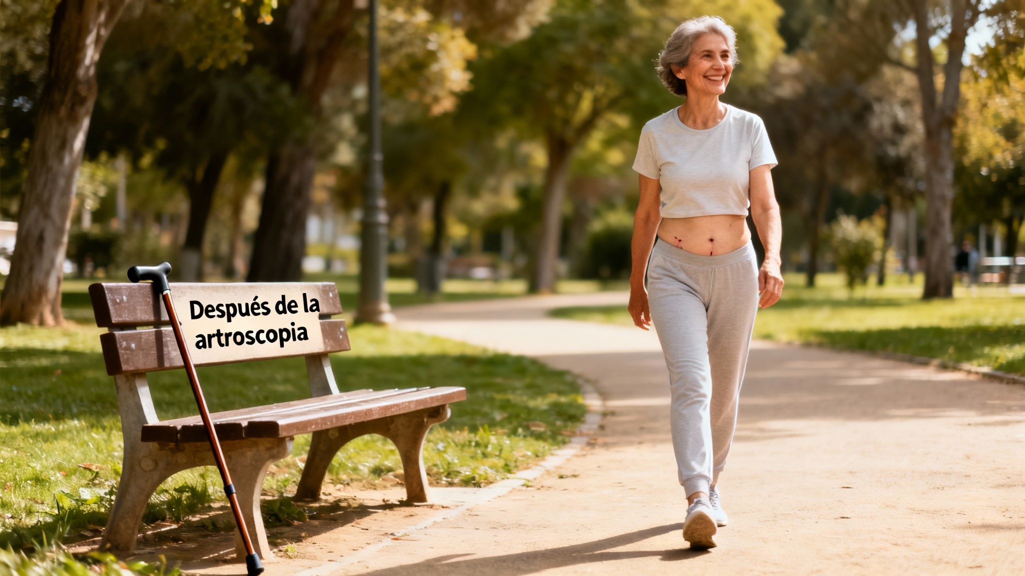 Mujer mayor sonriente camina en un parque soleado, dejando un bastón en el banco después de una artroscopia.