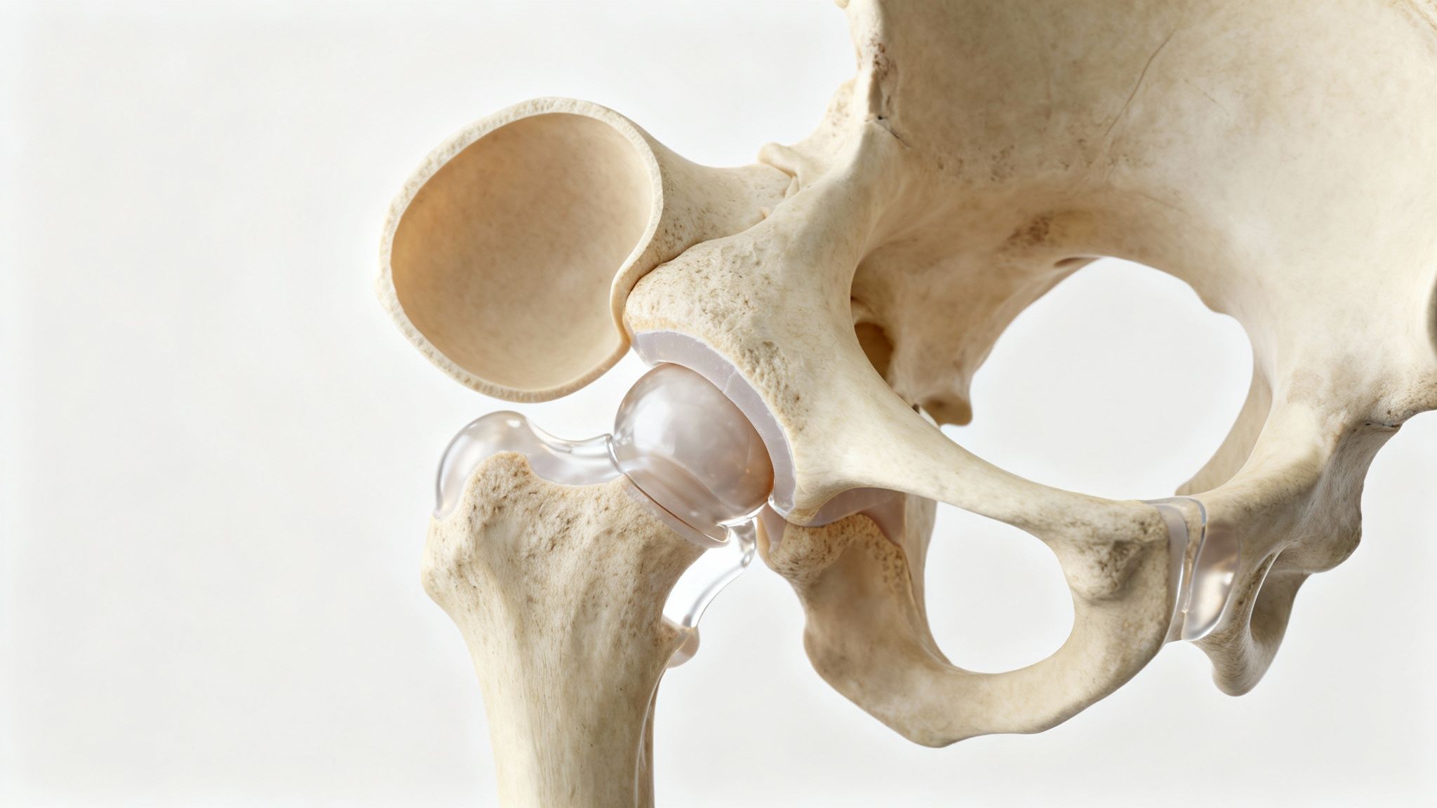 Modelo 3D detallado de una articulación de cadera con implante protésico que conecta el fémur a la pelvis.