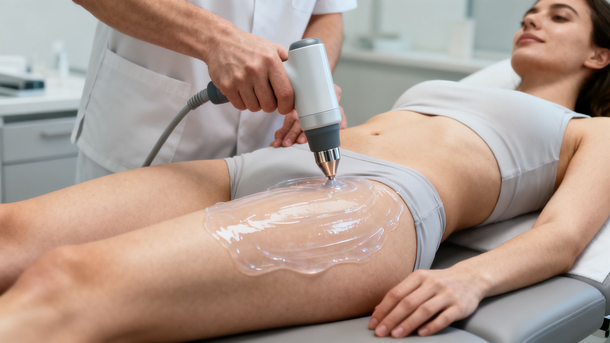 Terapeuta aplicando un tratamiento de ondas de choque en el muslo de una mujer acostada, con gel conductor.