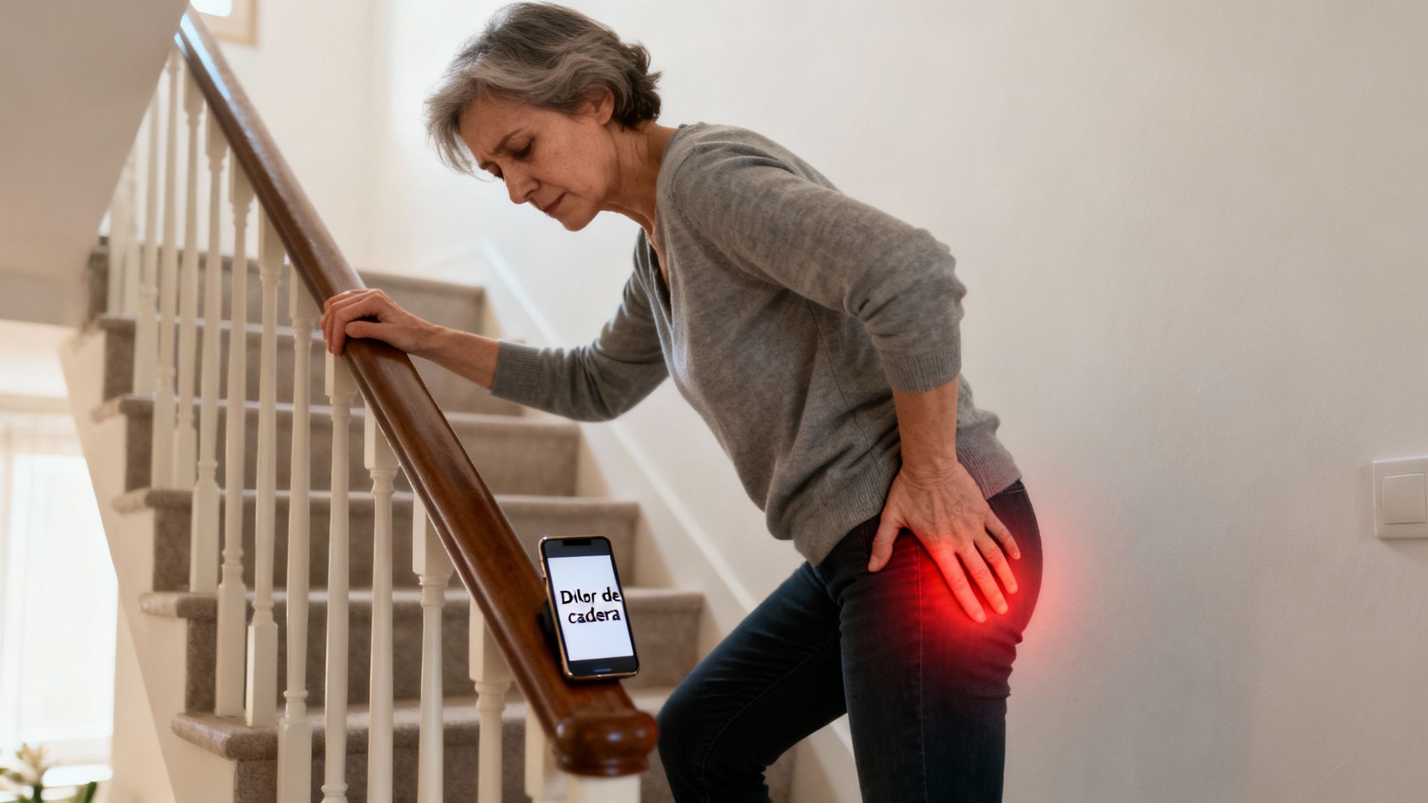 Mujer mayor con dolor de cadera subiendo escaleras, mostrando su dificultad con un teléfono que dice 'Dolor de cadera'.