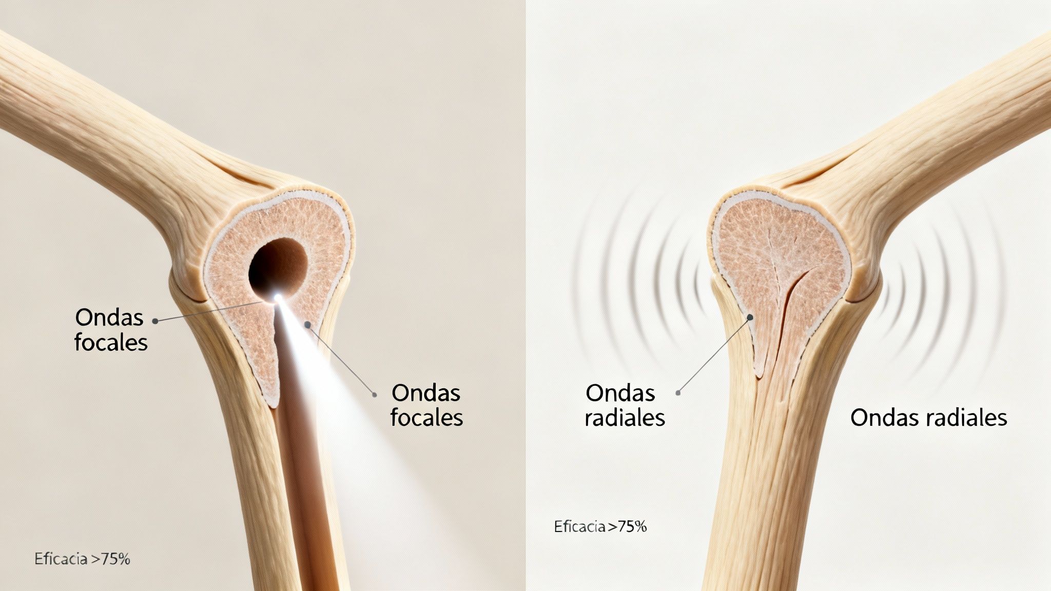 Ilustración médica comparando la aplicación de ondas focales y ondas radiales para tratamiento de huesos, ambas con eficacia alta.