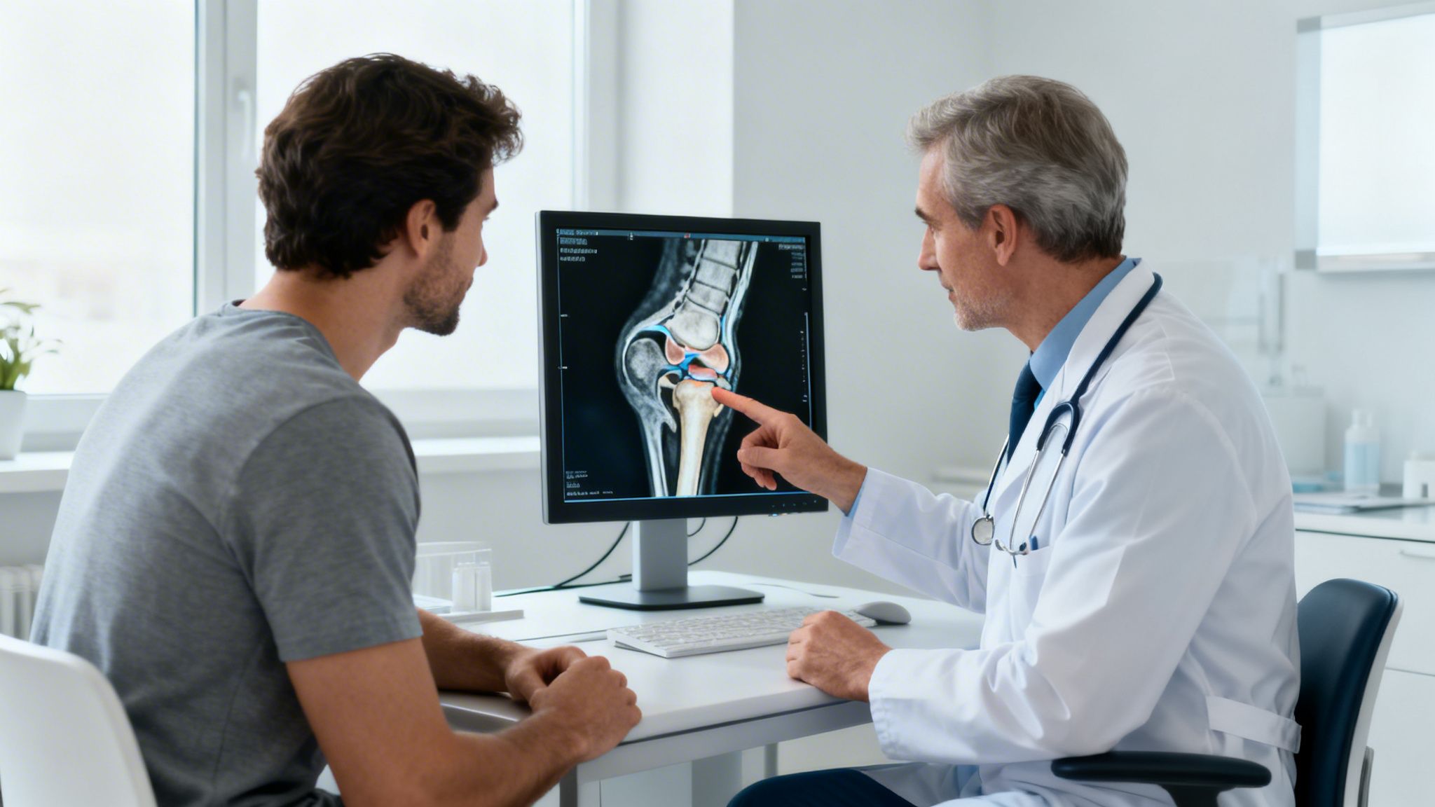 Médico y paciente revisan una resonancia magnética de rodilla en el monitor, el doctor señala una parte de la imagen.