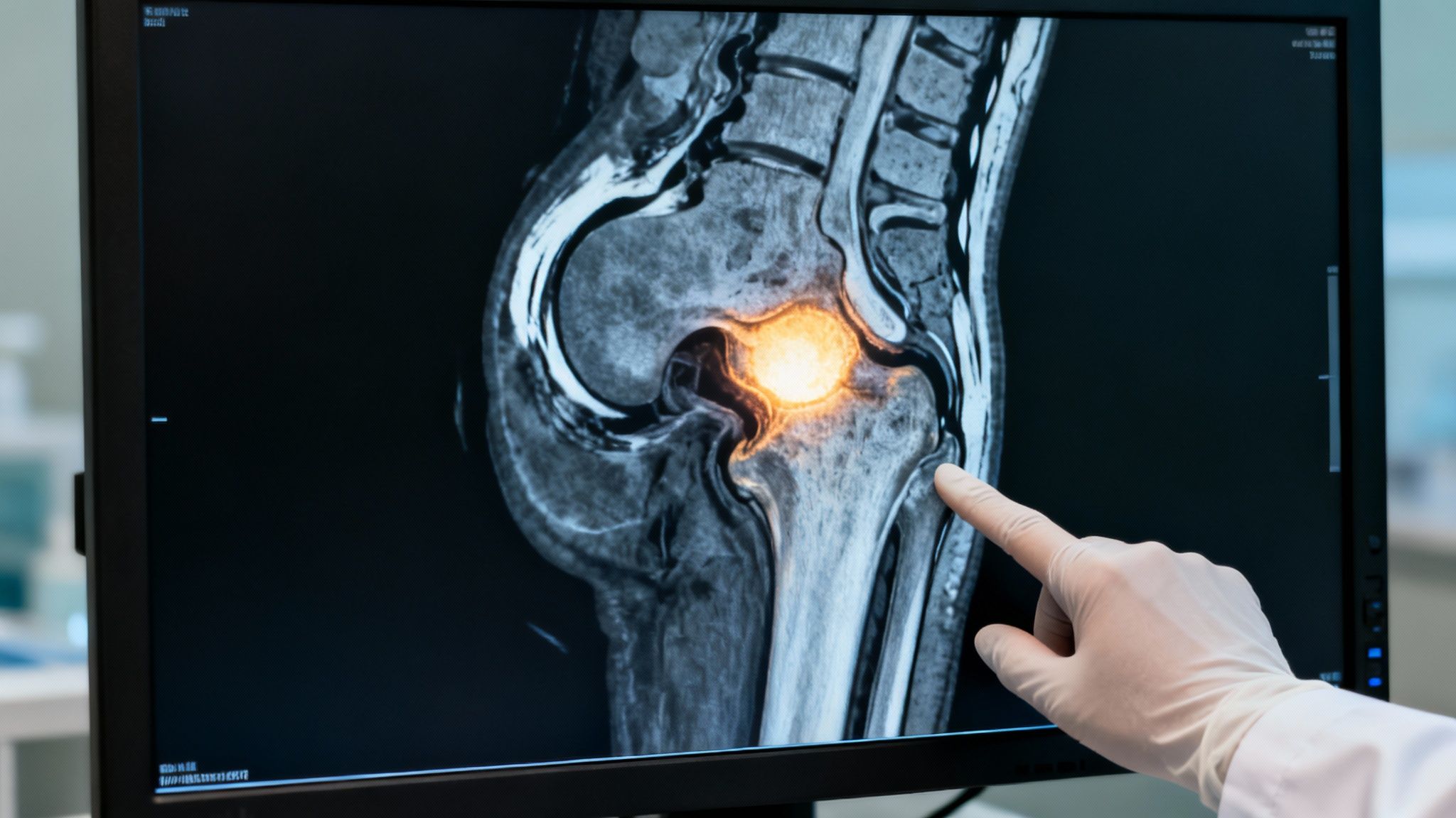 Médico con guante blanco señalando un edema óseo en una resonancia magnética de cadera, mostrando una zona brillante.
