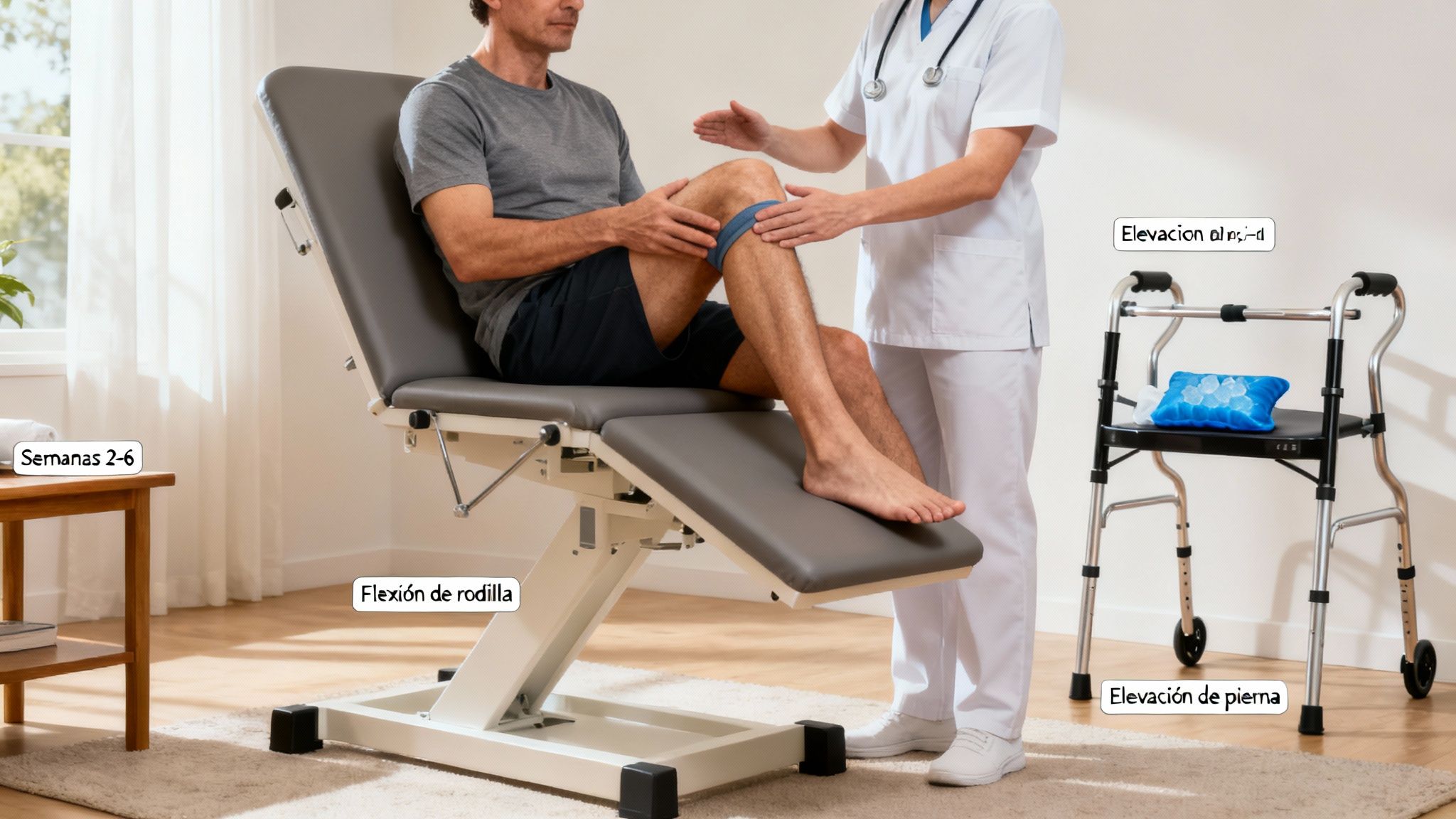 Paciente en rehabilitación de rodilla con fisioterapeuta, realizando ejercicios de flexión y elevación.