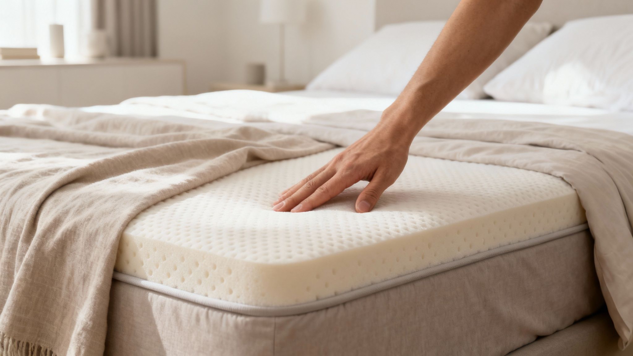 Una mano presiona un topper de colchón de látex con orificios, mostrando su suavidad en una cama con manta beige en un dormitorio iluminado.