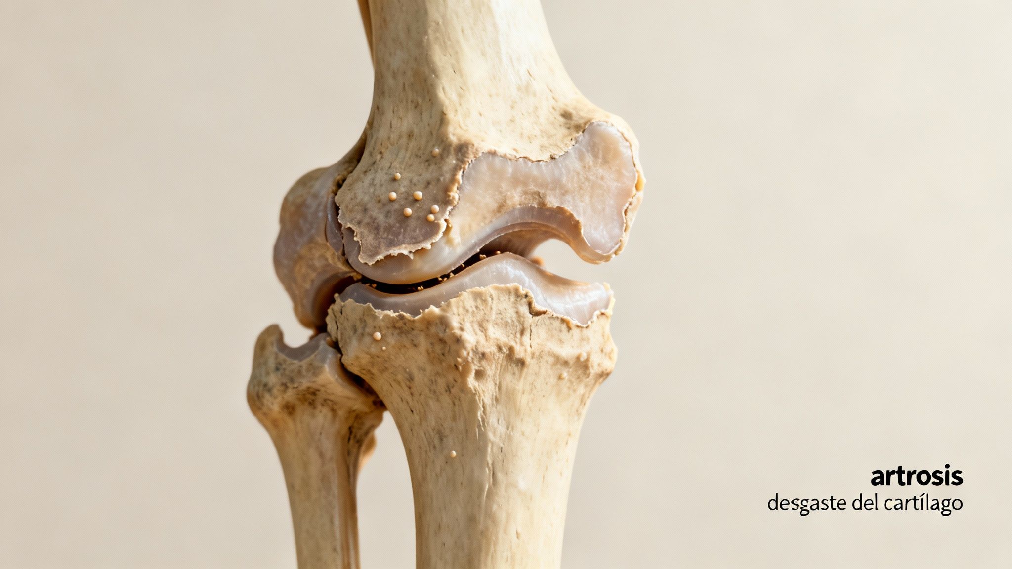 Un modelo anatómico de la rodilla mostrando artrosis y el desgaste del cartílago.