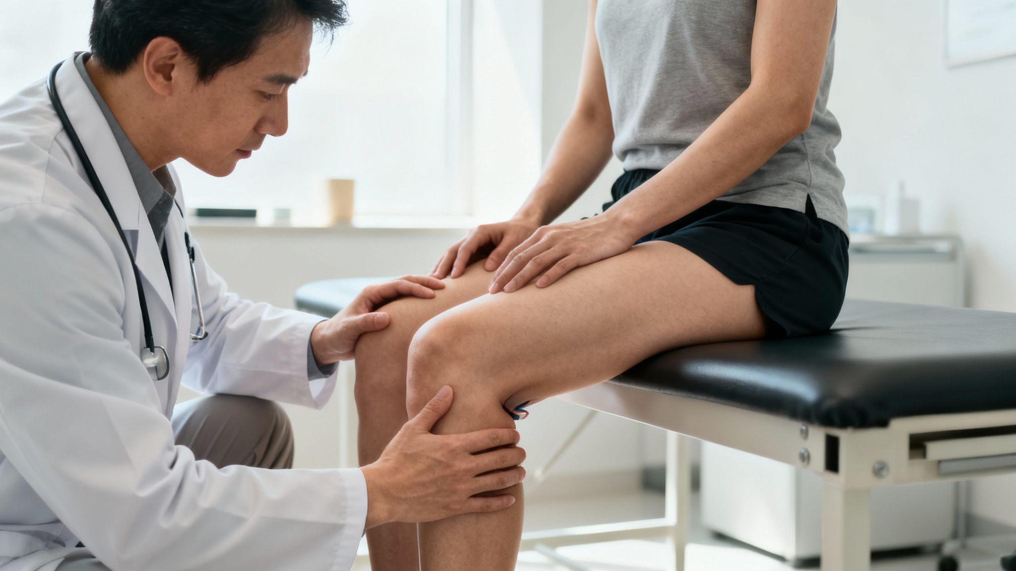 Doctor asiático examina la rodilla de una paciente sentada en una camilla médica, evaluando posible dolor.
