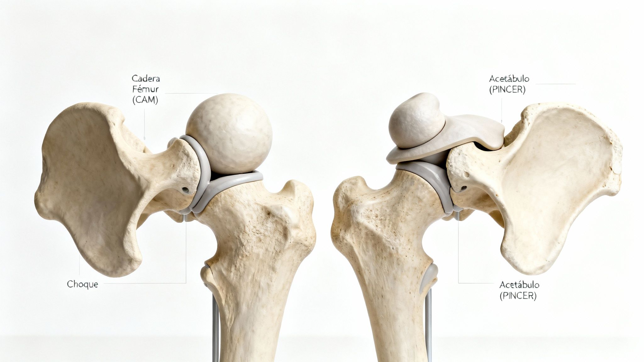 Modelos anatómicos de caderas que muestran choque femoroacetabular tipo CAM y tipo PINCER.