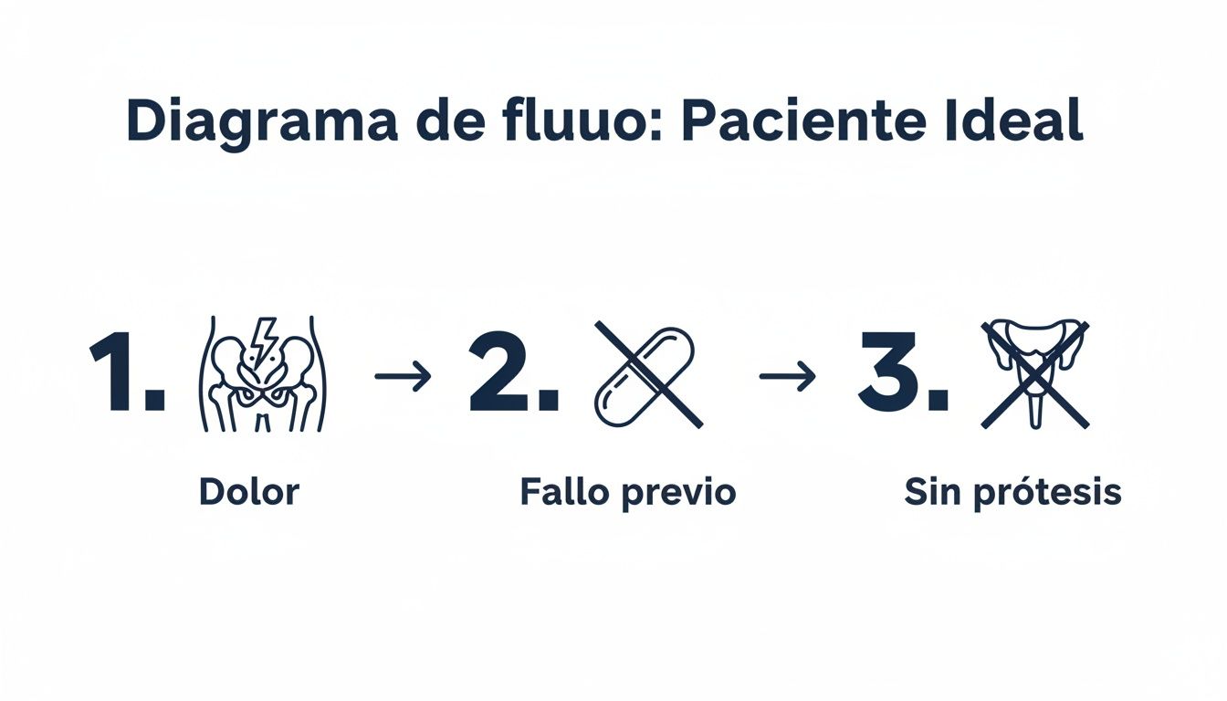 Diagrama de flujo para el paciente ideal con dolor, sin fallo de tratamiento previo y sin prótesis.