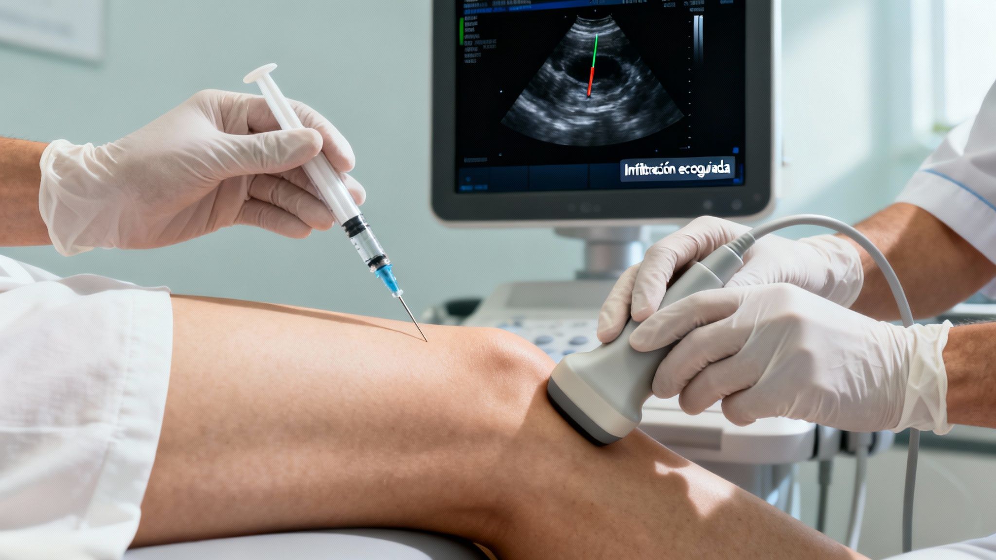 Un médico administra una inyección guiada por ultrasonido en la rodilla de un paciente, con la pantalla del ecógrafo visible.