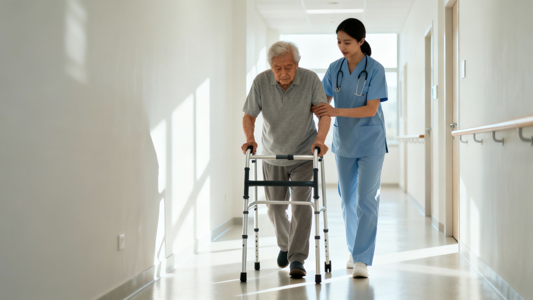 Enfermera ayuda a un anciano con un andador a caminar por un pasillo iluminado del hospital.