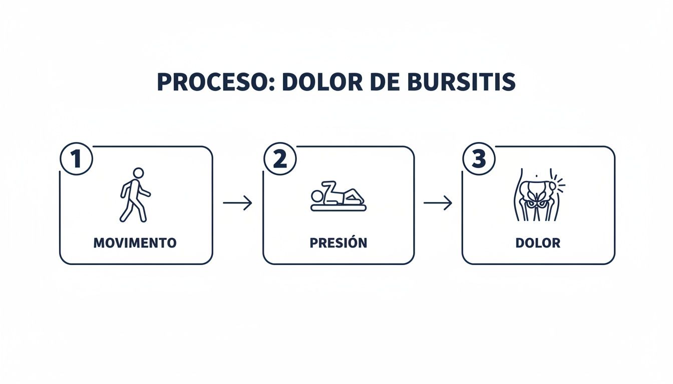 Un diagrama que muestra el proceso del dolor de bursitis: movimiento, presión y dolor en la cadera.